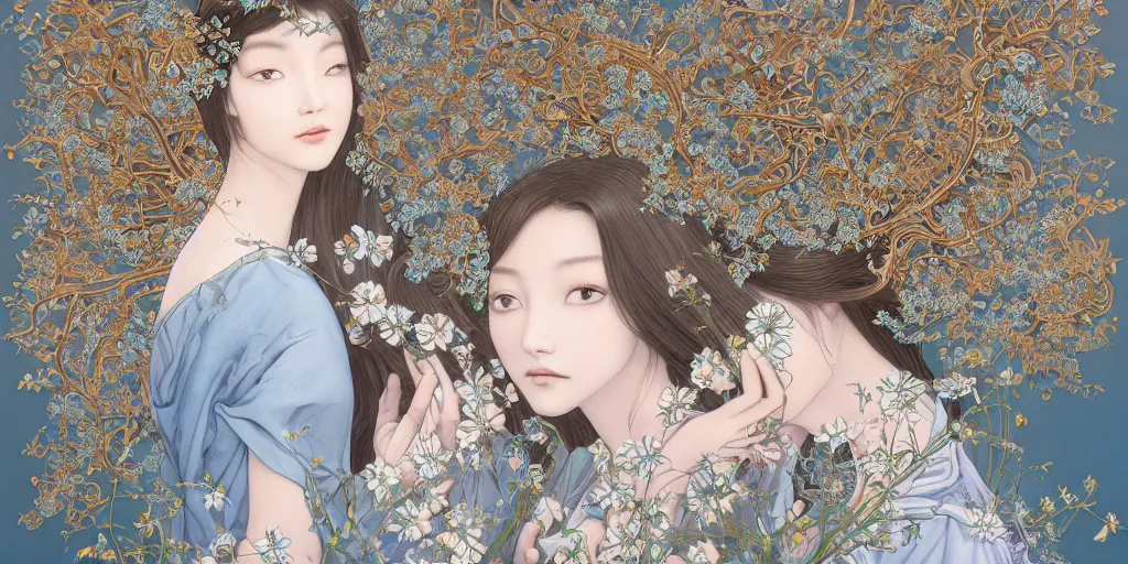 Image similar to breathtaking detailed concept art painting of the goddesses of nemophila flowers, orthodox saint, with anxious, piercing eyes, ornate background, amalgamation of leaves and flowers, by Hsiao-Ron Cheng, James jean, Miho Hirano, Hayao Miyazaki, extremely moody lighting, Black paper, cut paper texture, Full of light-blue and silver and white layers, 8K