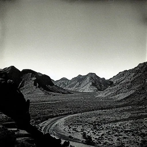 Image similar to “photograph of the valley of the dinosaurs, by Ansel Adams, high contrast, old photo, vignette”