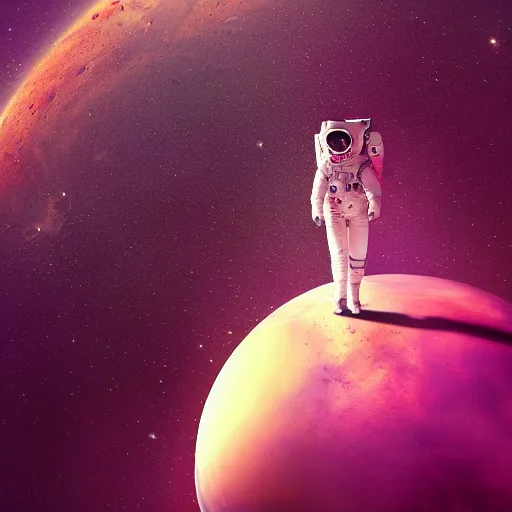 Image similar to A wide angle shot from below of a female astronaut with a feminine body walking with swagger towards camera on mars in an infinite universe , synthwave digital art