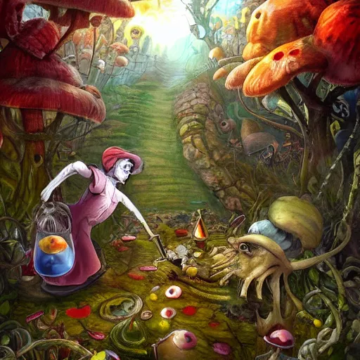 Image similar to Hell and heaven, captured in bottles, an elderly mushroom walking their pet snail, The Autumn Plague Gardener, the theme of Alice in Wonderland, digital painting, its softness partakes of fluidity, illustration, deep dark, artstation, intricate, biodiversity in a world of change and constancy, ue5, by deiv calviz and bossmonsterbani