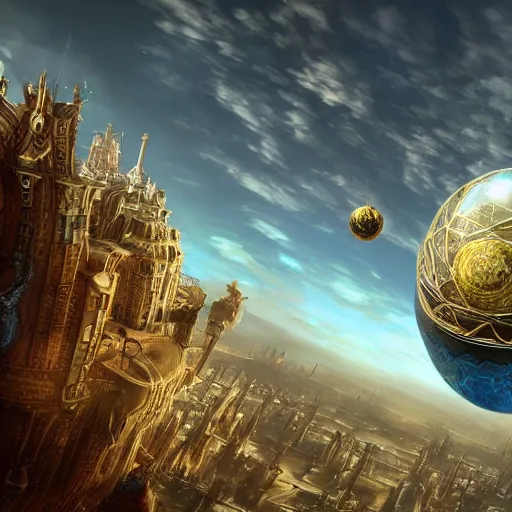 Image similar to enormous flying city!! in a gigantic faberge egg, sky!!!, steampunk, aetherpunk, skydocks, fantasy art, unreal engine,