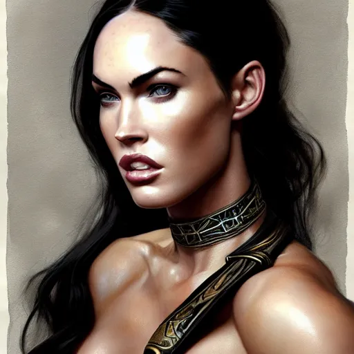 Image similar to portrait of megan fox, muscular upper body, collared, greek, jewelry, black dress, fantasy, intricate, elegant, highly detailed, digital painting, artstation, concept art, matte, sharp focus, illustration, art by aenaluck and roberto ferri and greg rutkowski, epic fantasy, digital painting