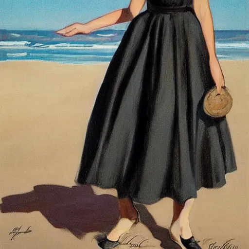 Prompt: woman in black dress on the beach, pretty face, black shoes, leyendecker style