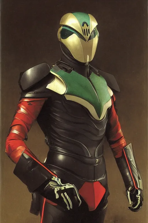 Prompt: portrait of a kamen rider rx, full set of equipment, helmet, majestic, solemn, by bouguereau