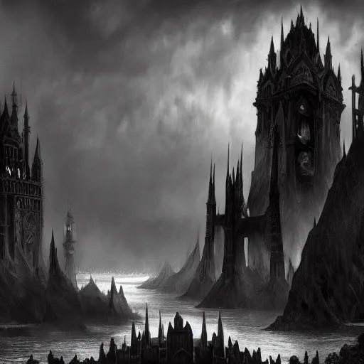 Prompt: an ultra detailed black and white matte painting of a lonely and impossibly tall ominous gothic dark citadel tower of the evil patriarch, in the style of magic the gathering, in a river elevated high above the city, gaslight fantasy capital city, ultrawide lense, aerial photography, scary thunderstorm, exquisite detail, 8 k, art by greg rutkowski and alphonse mucha