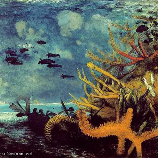 Image similar to underwater scene of a coral reef teeming with aquatic life, by Gustave Courbet Edouard Manet Jean-Francois Millet