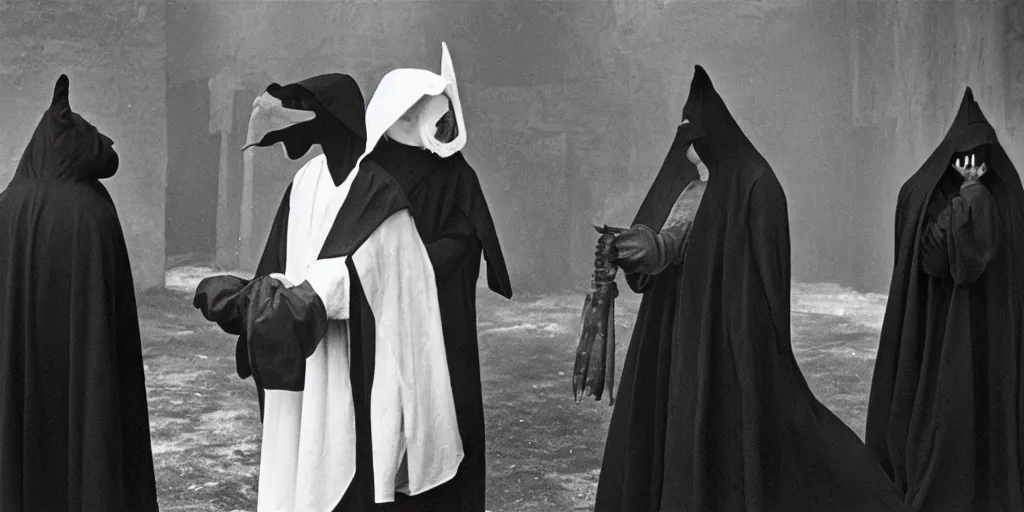 Prompt: calling forth satan a circle black robed and hooded plague doctors in a circle , old film, 35mm film, found film, scary, ominous, frightening, ghastly, photorealistic, by bruce davidson, on hasselblaad