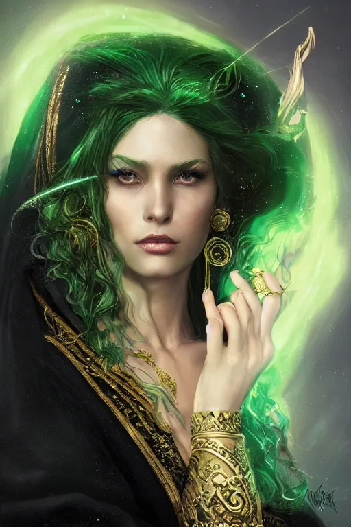 Prompt: a close - up three - quarters profile portrait of a beautiful sorceress wearing a black robe with gold embroidery, casting a spell, green glows, painted by artgerm and tom bagshaw, highly detailed digital art