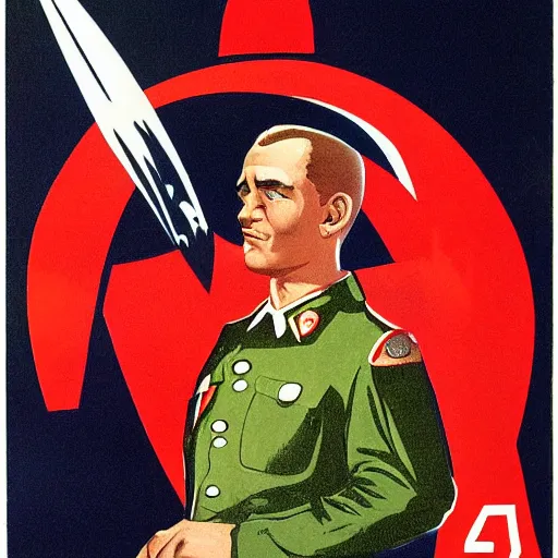 Image similar to soviet propaganda poster depicting a emue in military uniform