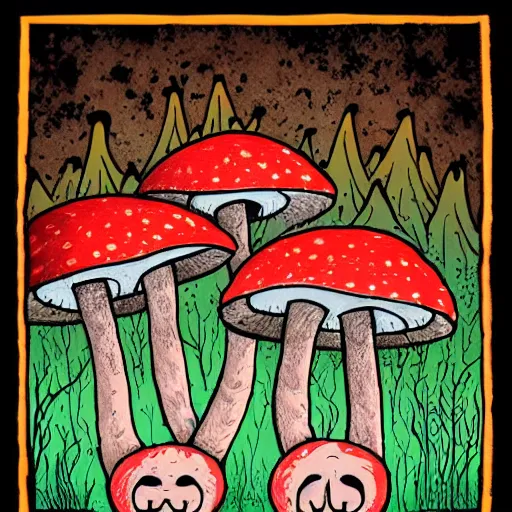 Prompt: a grinning mushroom family by tim doyle and anna dittmann, macabre | creepy