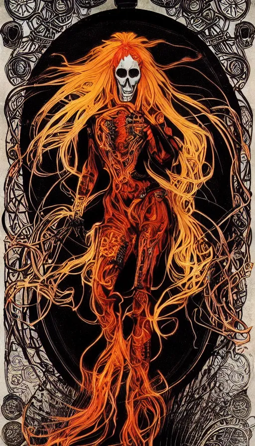 Prompt: a finely detailed beautiful!!! feminine cyberpunk ghost rider with skull face and long flowing hair made of fire and flames, dressed in black leather, by Alphonse Mucha, designed by H.R. Giger, legendary masterpiece, stunning!, saturated colors, black background, full body portrait, zoomed out to show entire figure, trending on ArtStation