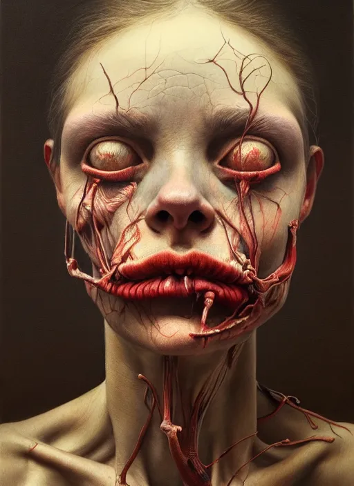 Image similar to there is ugliness in beauty, but there is also beauty in ugliness detailed portrait painting inspired by beksinski and alex gray, accurate anatomy, vintage, by jenny saville, edward hopper trending on artstation. 8 k