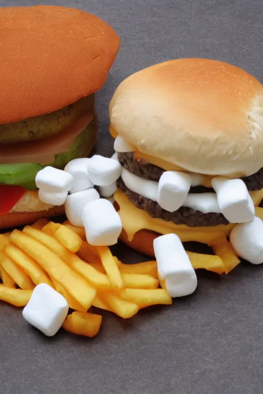 Image similar to cheeseburger made of marshmallows , hd,