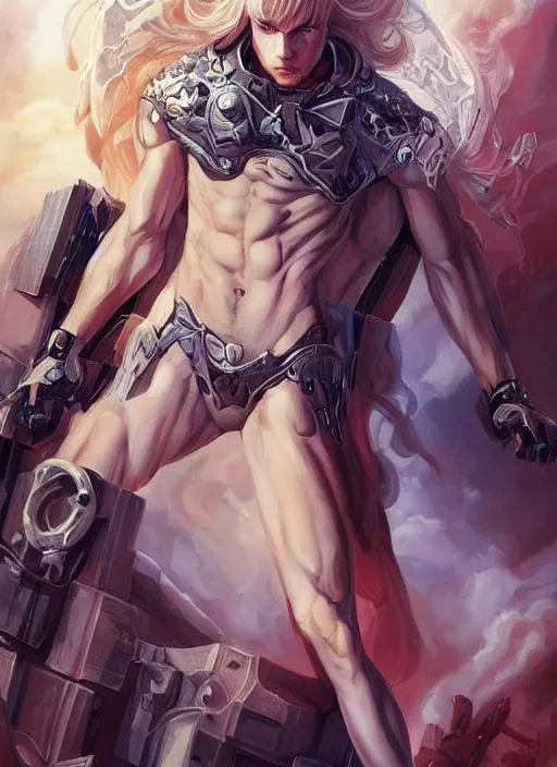 Image similar to handsome blond cyborg Lucius as a muscular angel handcuffed, pale androgynous young man with long fluffy blond curly hair, urban fantasy romance book cover, D&D!, fantasy style, sharp focus!, ultra detailed, art by Artgerm and Peter Andrew Jones, WLUP