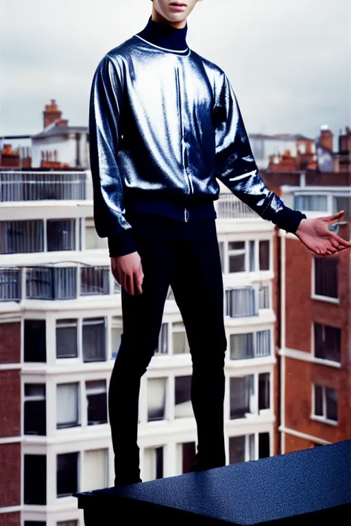 Image similar to un ultra high definition studio quality photographic art portrait of a young man standing on the rooftop of a british apartment building wearing soft padded silver pearlescent clothing. three point light. extremely detailed. golden ratio, ray tracing, volumetric light, shallow depth of field. set dressed.