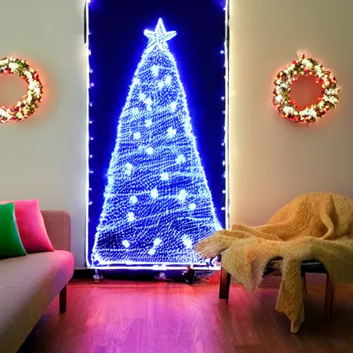 Image similar to a christmas tree made out of neon lights in a dark room, hyperrealistic photograph