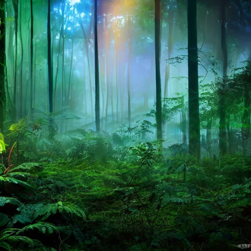 Image similar to a rainforest clearing at night softly lit by multicolored lights, dim lighting, leaves in foreground, HD, 8k, high resolution, photo, surreal, album art