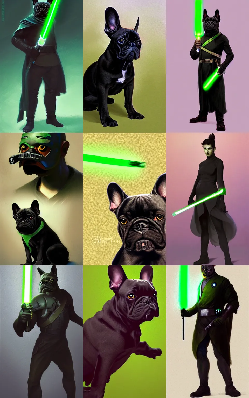 Prompt: character concept portrait, black french bulldog holding vertically green lightsaber. in the style digital painting, concept art, smooth, sharp focus, illustration, from metal gear, by ruan jia and mandy jurgens and william - adolphe bouguereau, artgerm