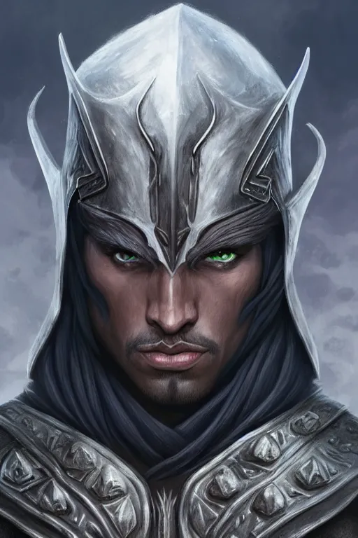 Prompt: head and shoulders portrait of an eldrich knight, drow, dark elf, shadar kai, breastplate, magical, male, high fantasy, d & d, by magali villeneuve, face details, extremely detailed, digital illustration