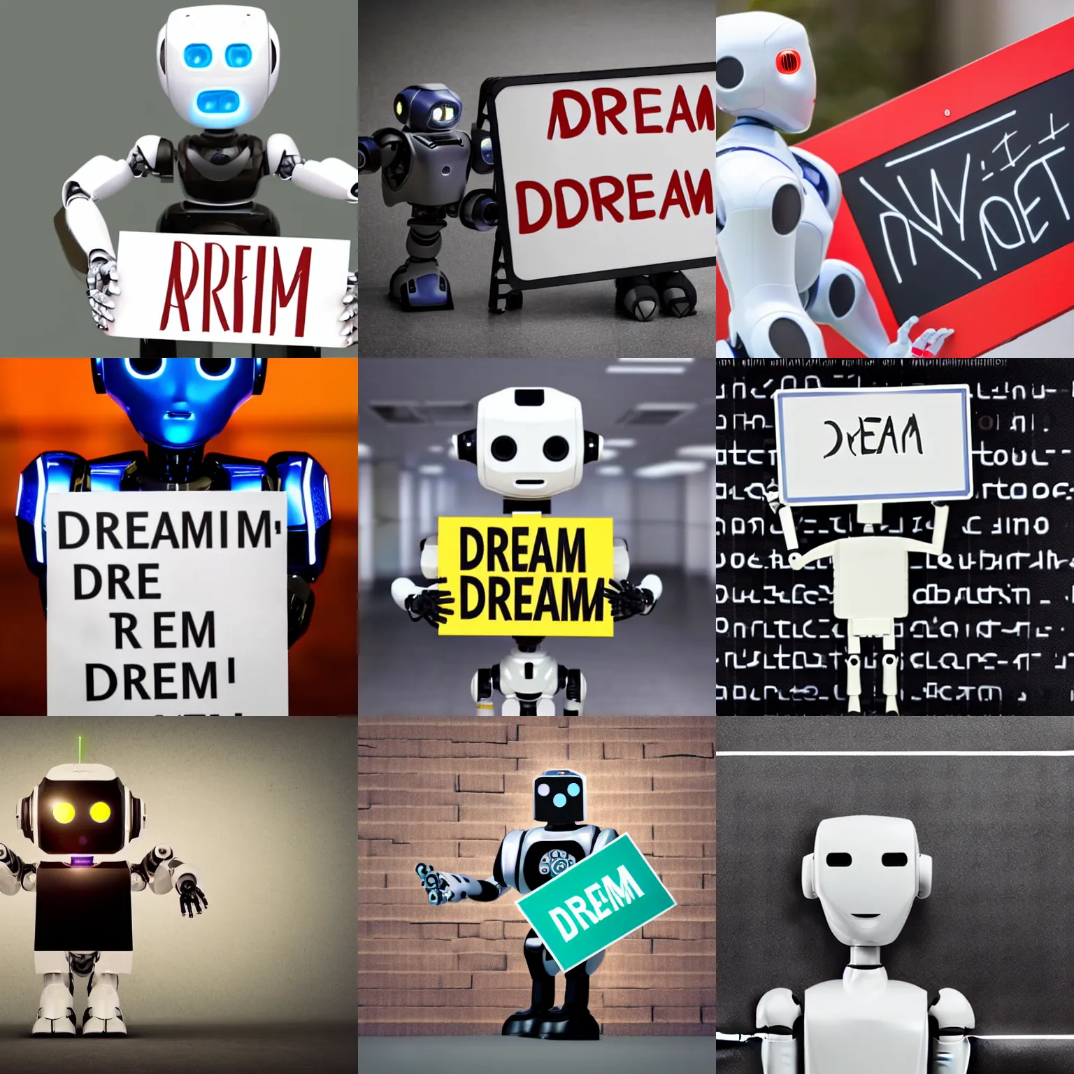 Image similar to artificial intelligence robot holding a sign with text that reads : dream