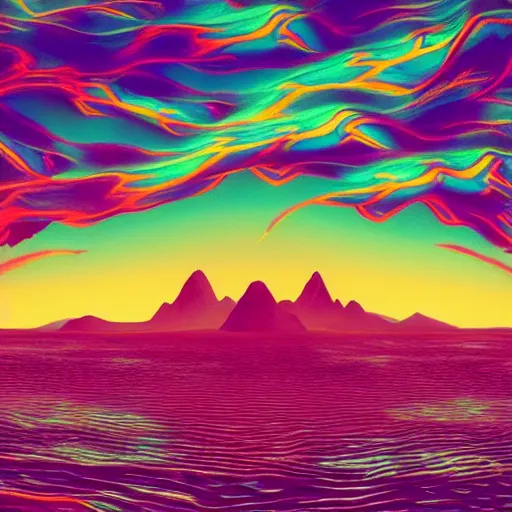 Prompt: “bird like human with many eyes and teeth flying over water with mountains in background and psychedelic skies, sunset, psychedelic art, 8k resolution, highly detailed, Octane render, golden hour”