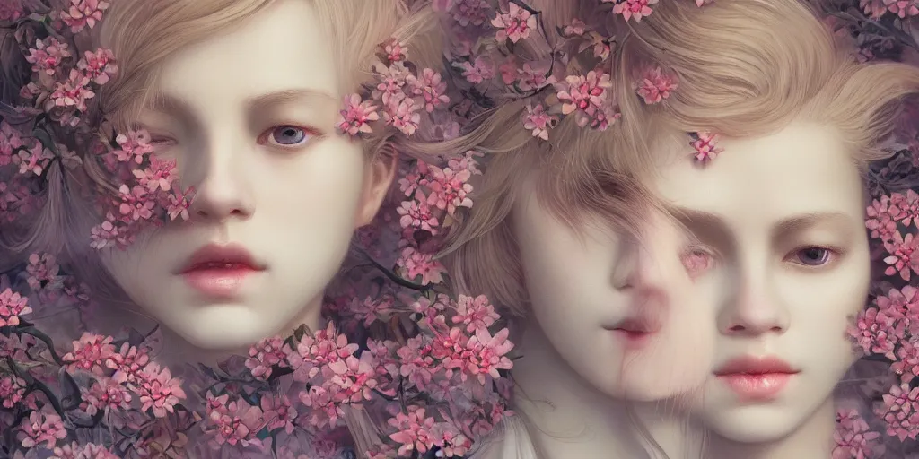 Image similar to breathtaking detailed concept art painting pattern of blonde short hair faces weird girls with anxious piercing eyes and blend of flowers, by hsiao - ron cheng, bizarre compositions, exquisite detail, extremely moody lighting, 8 k