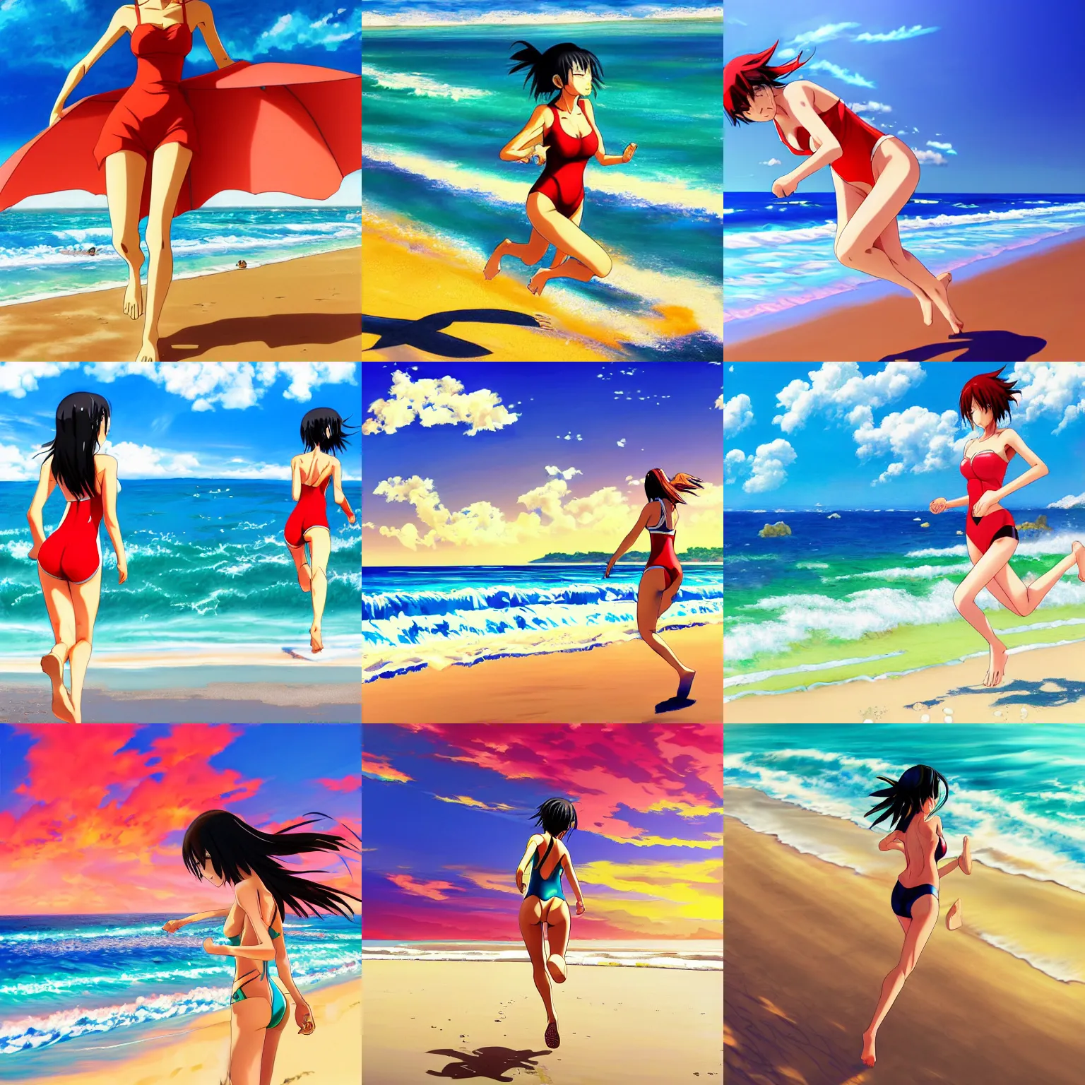 Prompt: anime style, vivid, expressive, full body, 4 k, painting, woman in full one piece bathing suit running on the beach, stunning, realistic light and shadow effects, centered, simple background, studio ghibly makoto shinkai yuji yamaguchi