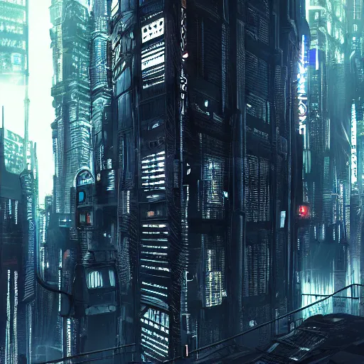 Prompt: Fully dark cyberpunk city with one building in the middle with only one window shining in style of Tsutomu Nihei. ArtStation, Cyberpunk, Vertical Symmetry, 8K, Highly Detailed, Intricate, Album Art.