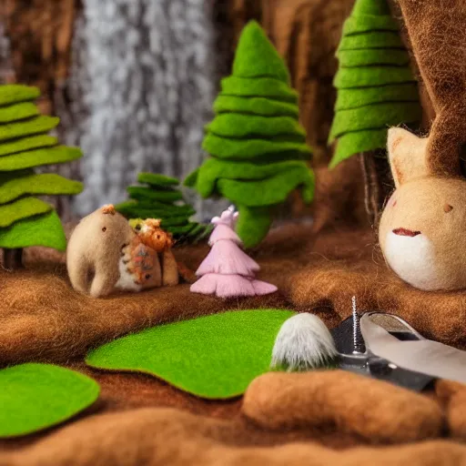 Image similar to high - res photograph of a felt sculpture diorama with cute fluffy forest critters, highly detailed sculpey diorama, forest setting, waterfall backdrop, realistic materials, wood, felt, cloth, burlap, smooth, sharp foccus, commercial product photography,