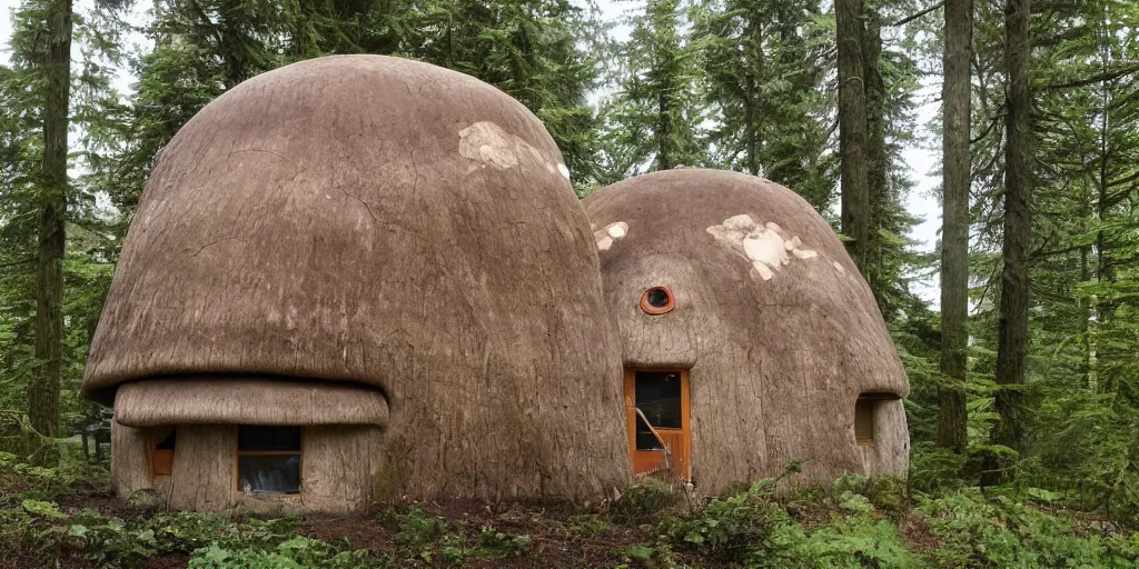 Image similar to tower residence made of an enormous mushroom, pacific northwest, round doors