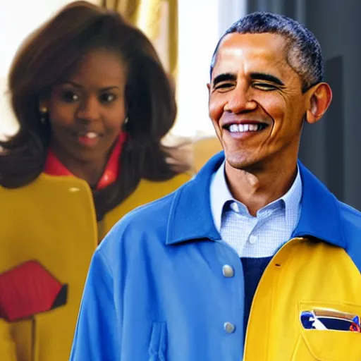 Prompt: realistic photo of casual barack obama wearing a royal blue varsity jacket with yellow sleeve