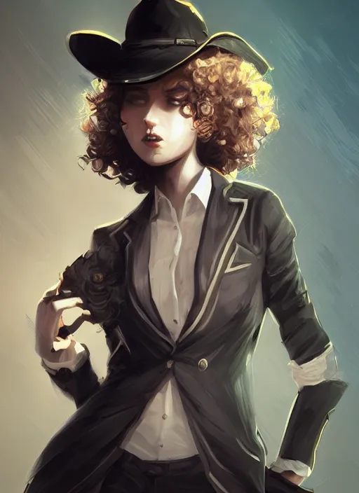 Image similar to a highly detailed illustration of curly short haired girl wearing noir hat and suit and tie, dramatic smiling pose, intricate, elegant, highly detailed, centered, digital painting, artstation, concept art, smooth, sharp focus, league of legends concept art, WLOP