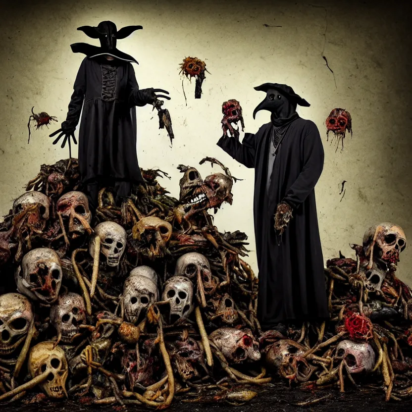 Image similar to plague doctor standing over a pile of decomposing corpses, a screaming man half - eaten by maggots, photograph by joshua hoffine, fear, morbid, nightmare, supernatural, 8 k, highly detailed, ( ( ( ( very colorful ) ) ) ), chiaroscuro, creepy, terrifying