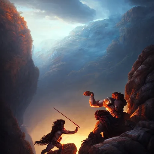 Image similar to Hercules clashing Perseus next to a cliff, artwork by Stefan Kopinski and Guillem H. Pongiluppi, photo realistic, atmospheric lighting, HDR, high detail