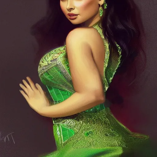 Image similar to demi rose wearing a green kebaya, digital painting, artstation, concept art, sharp focus, illustration, art by artgerm and greg rutkowski and alphonse mucha