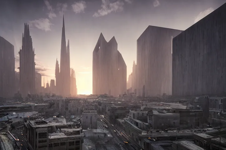 Image similar to streetscape, a towering cathedral of brutalist architecture, buildings covered with greebles, stunning volumetric light, sunset, metal, concrete and translucent material, stunning skies, majestic landscape, trending on Artstation, 8k, photorealistic, hyper detailed, unreal engine 5, IMAX quality, cinematic, epic lighting, in the style of Greg Rutkowski