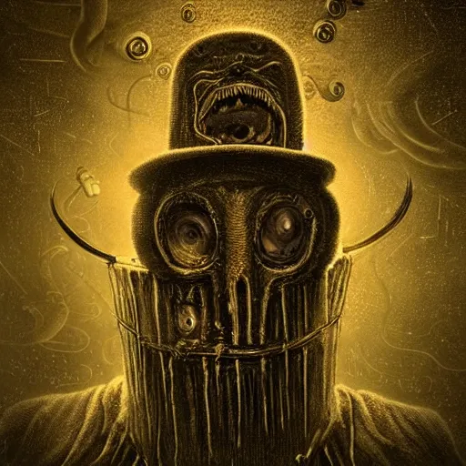 Prompt: lovecraftian mr bucket, surrounded by beams of light dark background by wayne barlow, stanley donwood, anton semenov, zdzislaw bekinski, hr giger, 8 k, fantasy, dark, highly detailed