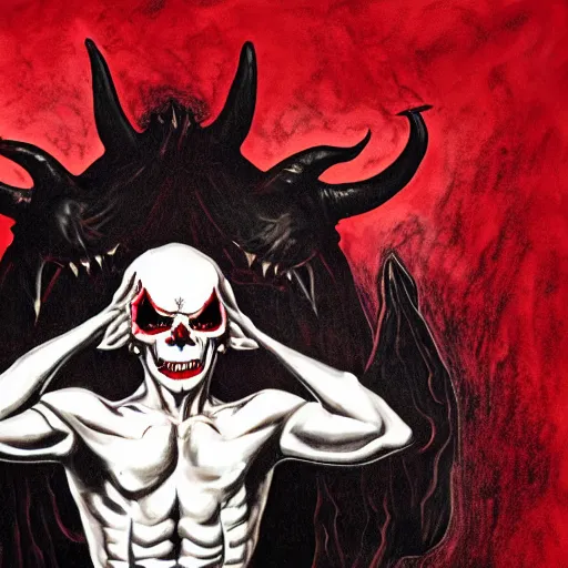 Image similar to the _ devil _ holding _ a _ skull _ red _ horns _ ominous _ fiery _ background _ symmetrical _ detailed _ face _ despair _ highly _ detailed _ high _ resolution _ sandro _ botticel