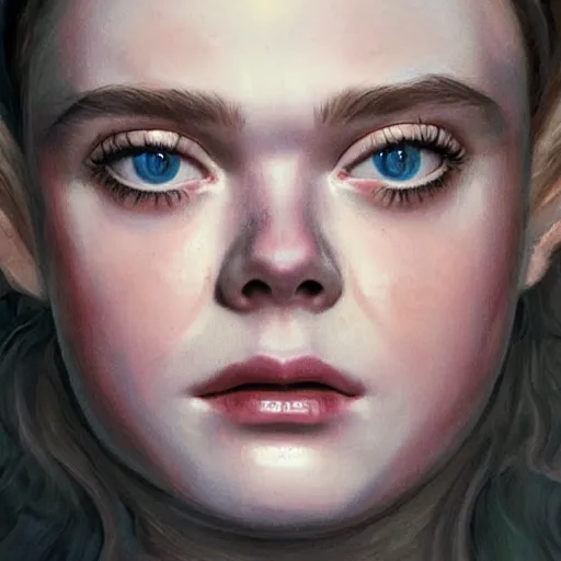 Image similar to professional painting of Elle Fanning in the style of Alien 1979, head and shoulders portrait, symmetrical facial features, smooth, sharp focus, illustration, intricate, stormy weather, extremely detailed masterpiece,