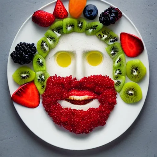 Prompt: beautiful photo a face made of fruit pieces, on a white plate, dslr