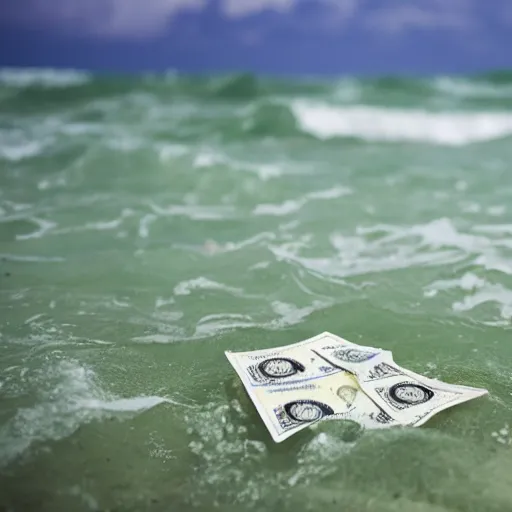 Image similar to a picture of a wet pile of money, in the ocean, there is rain