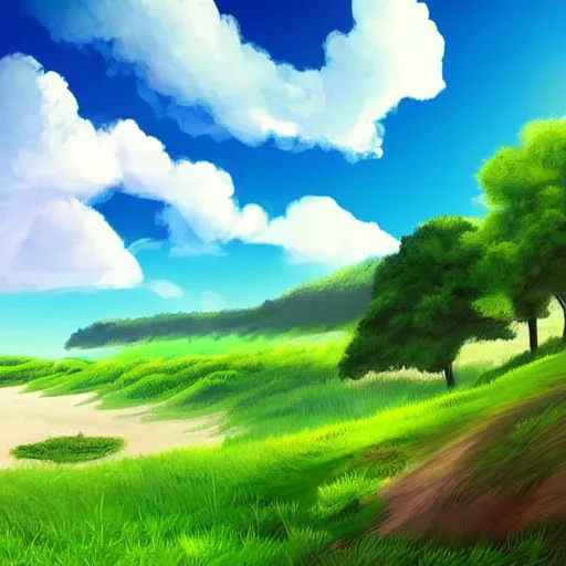 Image similar to a beautiful clean digital art of a landscape with lush green pastures and a beach with birds flying in the sky with white fluffy clouds, a colorful color palette, trending on artstation, 4 k