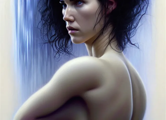 Image similar to portrait shot of young jennifer connelly in ghost in the shell, intricate, elegant, highly detailed, centered, digital painting, artstation, concept art, smooth, sharp focus, illustration, artgerm, tomasz alen kopera, peter mohrbacher, donato giancola, joseph christian leyendecker, wlop, boris vallejo