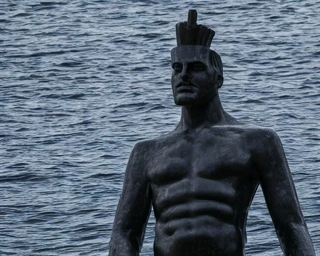 Image similar to a giant abstract sculpture of a legendary greek warrior god on the water, in the style of antony gormley, award winning, cinematic, hyper - realistic, very detailed, realistic water splashes, ray tracing, 8 k resolution, long - shot, sharp focus, low angle, 8 5 mm photograph, wide lens