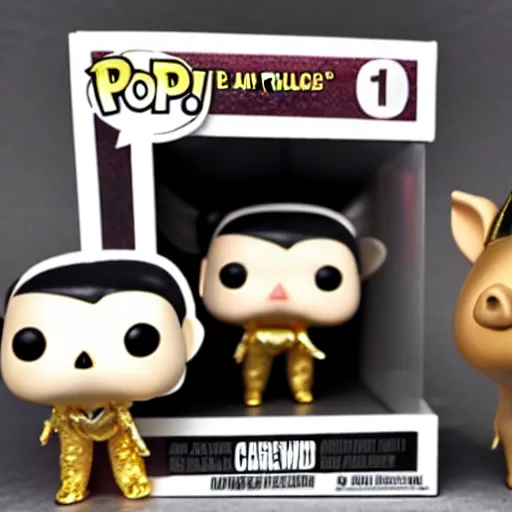 Image similar to A funko pop of a bag of a pig in a gold crown