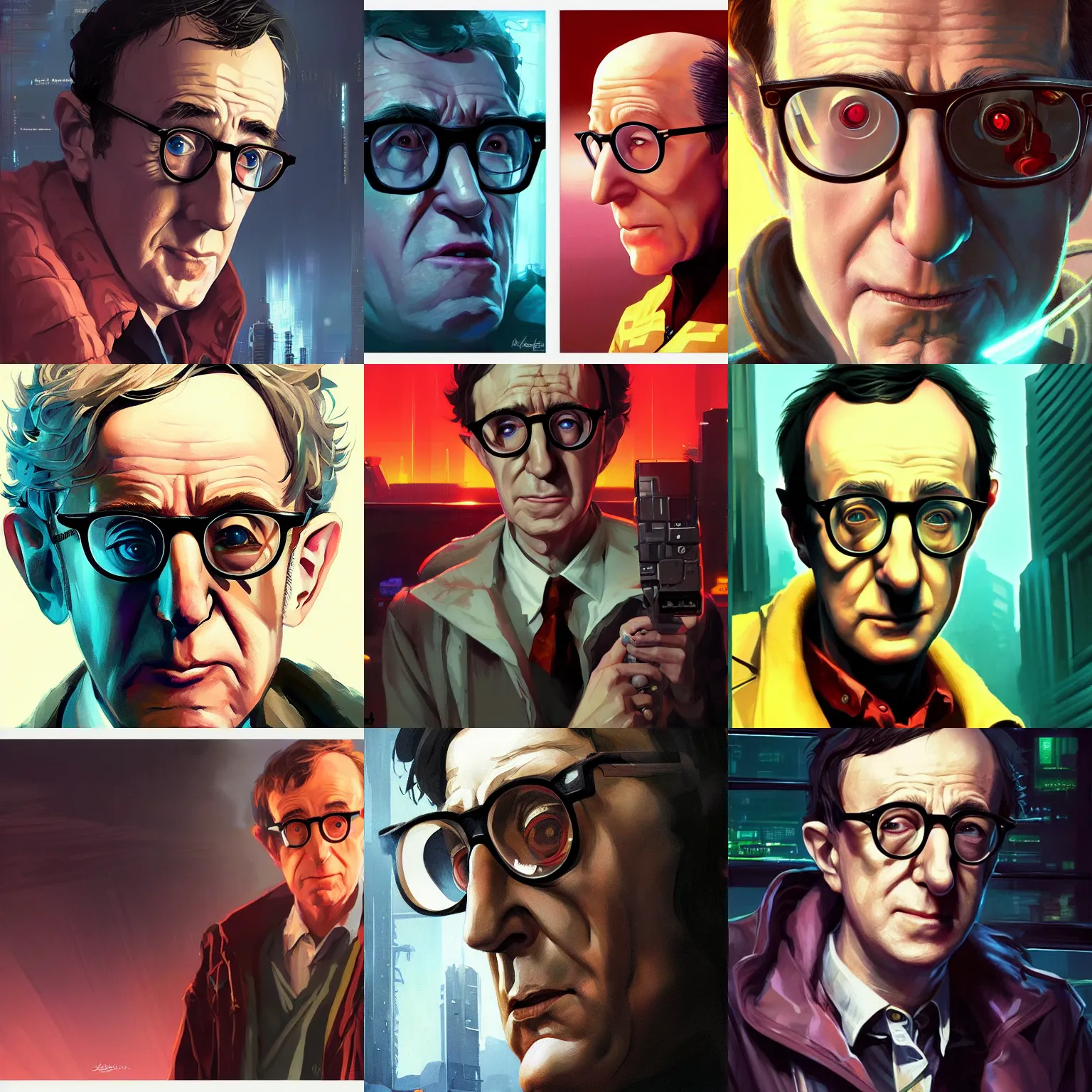 Prompt: close - up portrait of woody allen, cyberpunk dark fantasy art, gta 5 cover, official fanart behance hd artstation by jesper ejsing, by rhads, makoto shinkai and lois van baarle, ilya kuvshinov, ossdraws