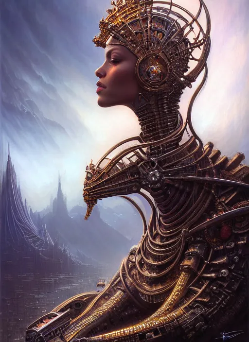 Image similar to closeup portrait shot of beautiful queen on cybertronic throne in a scenic dystopian environment, intricate, elegant, highly detailed, centered, digital painting, artstation, concept art, smooth, sharp focus, illustration, artgerm, tomasz alen kopera, peter mohrbacher, donato giancola, joseph christian leyendecker, wlop, boris vallejo