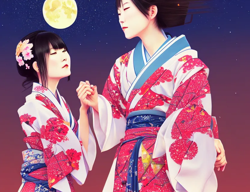 Image similar to two beautiful charming japan girls wear arty kimono in festival | | sunny night, full moon, dreamlike art, realistic shaded, smile, good looking, hyper details, 4 k realistic, cryengine, realistic shaded lighting poster by ilya kuvshinov, fuji choko, ross tran, 8 k resolution, trending on artstation, luxury