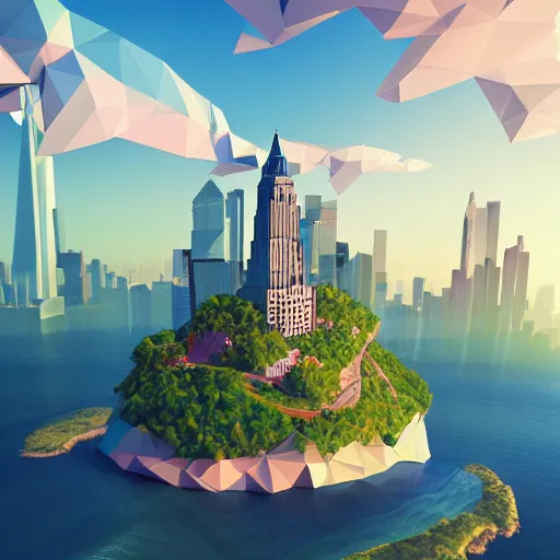 Prompt: low poly art of new york on a round floating island in the sky, surrounded by waterfalls, isometric art, 3d render, ray tracing, high detail, artstation, concept art, behance, smooth, sharp focus, ethereal lighting, unreal engine 5