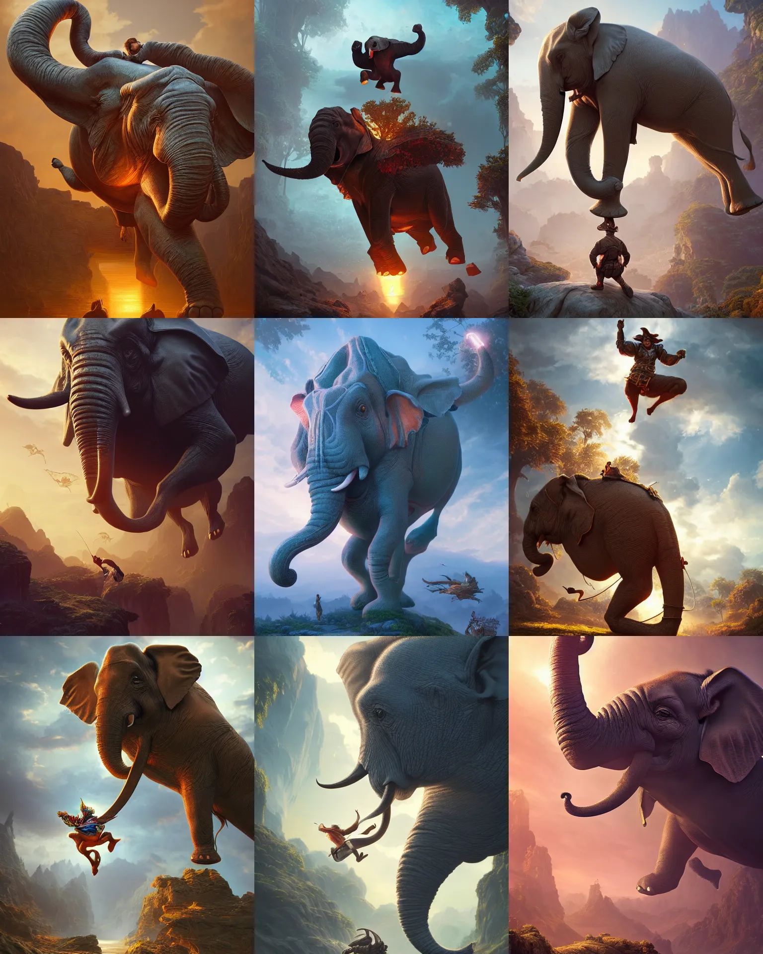 Prompt: a jumping elephant, fantasy, intricate, epic lighting, cinematic composition, hyper realistic, 8 k resolution, unreal engine 5, by artgerm, tooth wu, dan mumford, beeple, wlop, rossdraws, james jean, marc simonetti, artstation